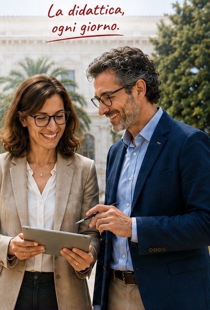 Una docente e un docente consultano un tablet davanti al Palazzo Ateneo