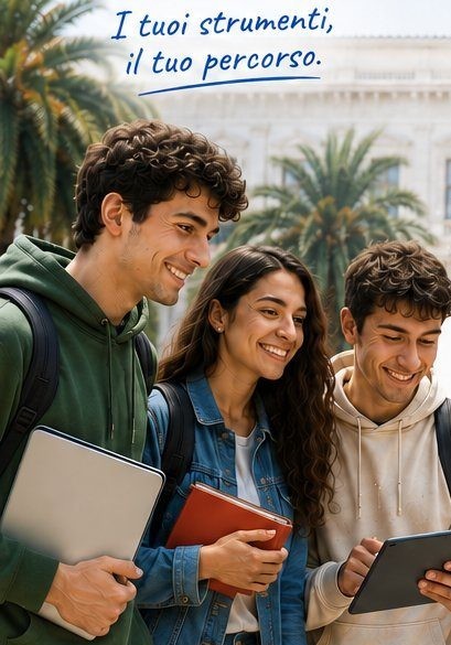 Tre studenti sorridenti consultano un tablet nel campus
